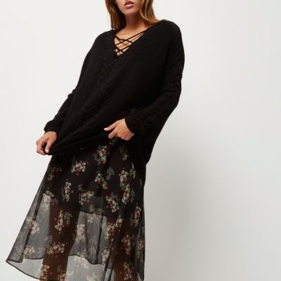 Black cable knit lace up front jumper